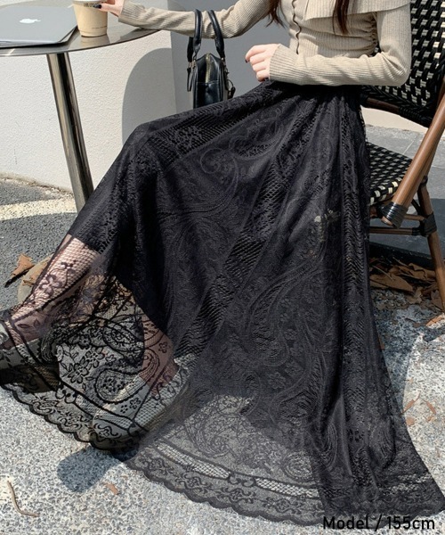SEU（エスイーユー）の「レース ロングスカート 花柄 オフィスカジュアル きれいめカジュアル Aライン フレア 韓国（スカート・レディース・ブラック/ベージュ/ホワイト・フリー）」の6枚目の写真
