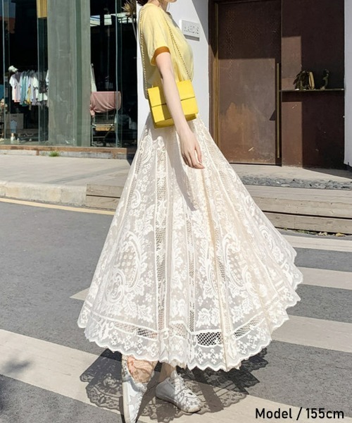 SEU（エスイーユー）の「レース ロングスカート 花柄 オフィスカジュアル きれいめカジュアル Aライン フレア 韓国（スカート・レディース・ブラック/ベージュ/ホワイト・フリー）」の13枚目の写真