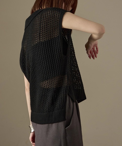 セール】7G透かし編み 襟付きサマーニットベスト（ベスト