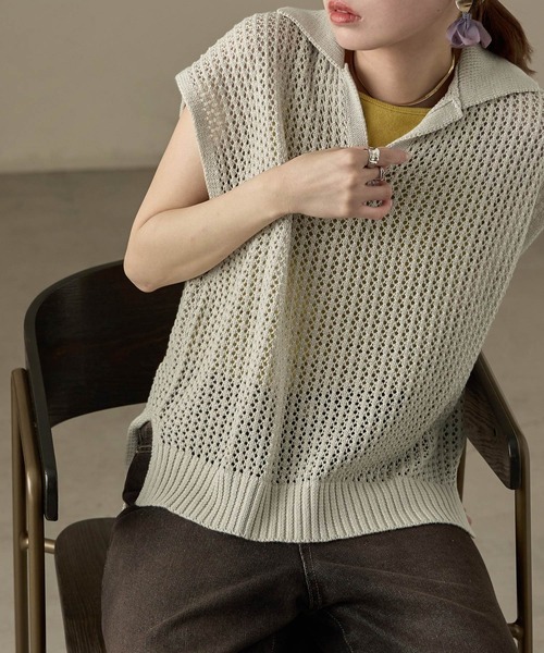 セール】7G透かし編み 襟付きサマーニットベスト（ベスト