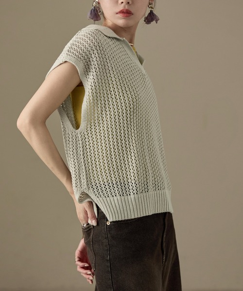 7G透かし編み 襟付きサマーニットベスト（ベスト）｜Fashion Letter