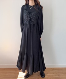 LAUIR | パフスリーブワンピース+ジャガードビスチェセット[高身長サイズMT/低身長サイズS有り](ワンピース)