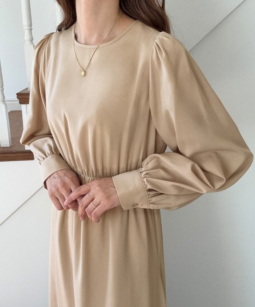 セール】パフスリーブワンピース+ジャガードビスチェセット[高