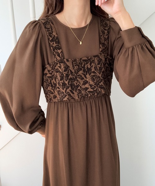 セール】パフスリーブワンピース+ジャガードビスチェセット[高