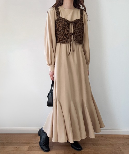 セール】パフスリーブワンピース+ジャガードビスチェセット[高身長