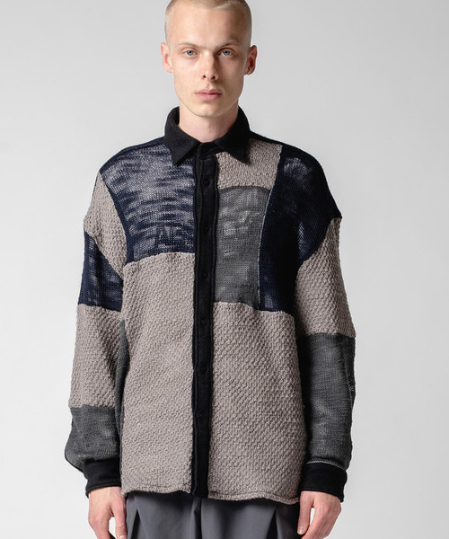 yoshiokubo(ヨシオクボ)の「yoshiokubo ヨシオクボ / GEOMETRIC KNIT L/S SHT ジオメトリックニットパッチワークシャツ / YKF25208(シャツ/ブラウス・メンズ・ブラック・2/3)」の1枚目の写真