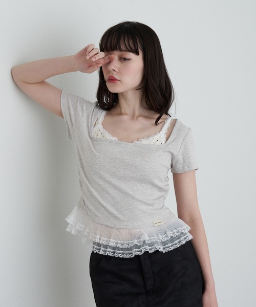 RAY CASSIN（レイカズン）の「ランジェリーレイヤードTシャツ（Tシャツ/カットソー・レディース・ブラック/チャコールグレー/ブラウン/ホワイト系その他・FREE）」の2枚目の写真