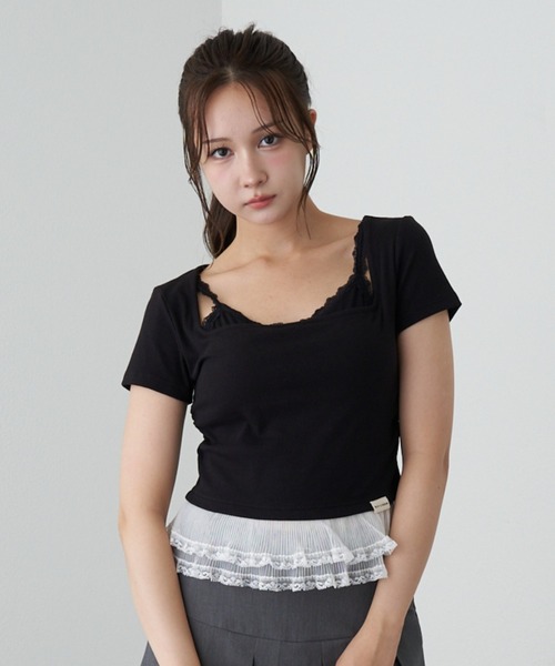 RAY CASSIN（レイカズン）の「ランジェリーレイヤードTシャツ（Tシャツ/カットソー・レディース・ブラック/チャコールグレー/ブラウン/ホワイト系その他・FREE）」の3枚目の写真