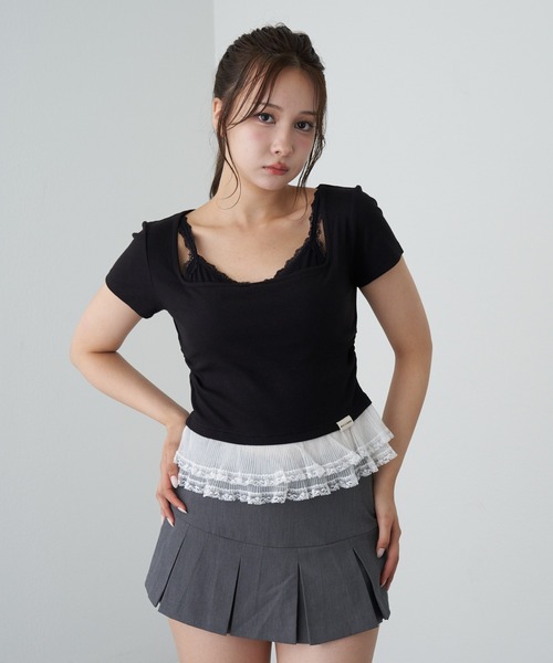 RAY CASSIN（レイカズン）の「ランジェリーレイヤードTシャツ（Tシャツ/カットソー・レディース・ブラック/チャコールグレー/ブラウン/ホワイト系その他・FREE）」の5枚目の写真