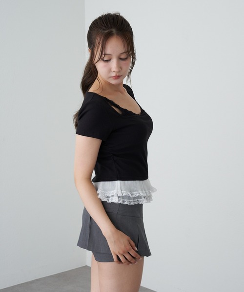 RAY CASSIN（レイカズン）の「ランジェリーレイヤードTシャツ（Tシャツ/カットソー・レディース・ブラック/チャコールグレー/ブラウン/ホワイト系その他・FREE）」の6枚目の写真