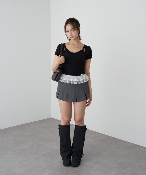 RAY CASSIN（レイカズン）の「ランジェリーレイヤードTシャツ（Tシャツ/カットソー・レディース・ブラック/チャコールグレー/ブラウン/ホワイト系その他・FREE）」の10枚目の写真