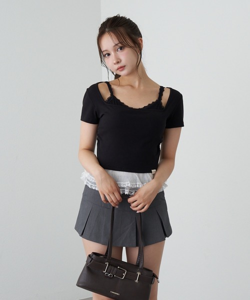 RAY CASSIN（レイカズン）の「ランジェリーレイヤードTシャツ（Tシャツ/カットソー・レディース・ブラック/チャコールグレー/ブラウン/ホワイト系その他・FREE）」の11枚目の写真