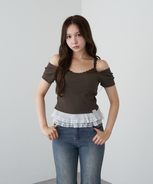 RAY CASSIN（レイカズン）の「ランジェリーレイヤードTシャツ（Tシャツ/カットソー・レディース・ブラック/チャコールグレー/ブラウン/ホワイト系その他・FREE）」の12枚目の写真