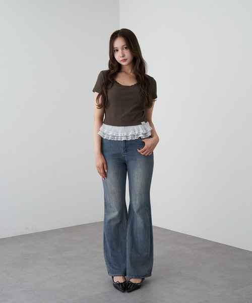 RAY CASSIN（レイカズン）の「ランジェリーレイヤードTシャツ（Tシャツ/カットソー・レディース・ブラック/チャコールグレー/ブラウン/ホワイト系その他・FREE）」の14枚目の写真