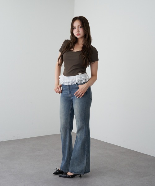 RAY CASSIN（レイカズン）の「ランジェリーレイヤードTシャツ（Tシャツ/カットソー・レディース・ブラック/チャコールグレー/ブラウン/ホワイト系その他・FREE）」の18枚目の写真