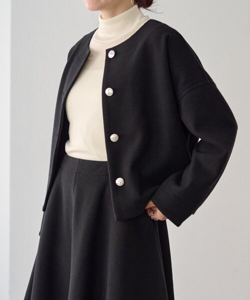 LIVETART(リヴェタート)の「メルトンジャージー前後プルオーバー(ノーカラージャケット・レディース・チャコールグレー/ブラック・FREE)」の11枚目の写真