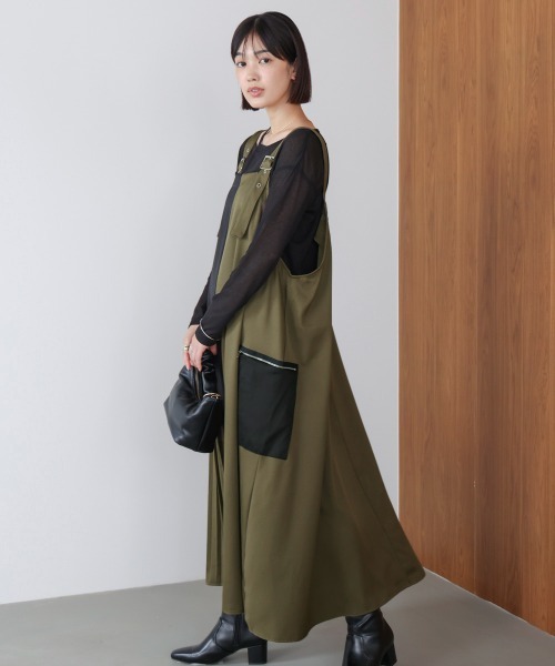 Bou Jeloud（ブージュルード）の「肩ベルトブロッキングジャンスカ（ワンピース・レディース・ブラック/カーキ・38）」の6枚目の写真