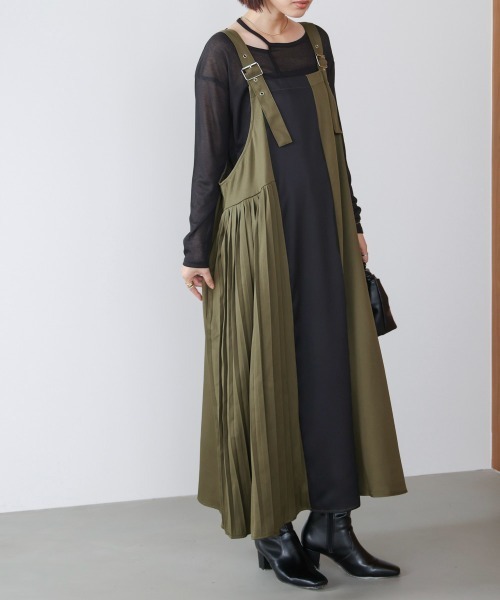 Bou Jeloud（ブージュルード）の「肩ベルトブロッキングジャンスカ（ワンピース・レディース・ブラック/カーキ・38）」の7枚目の写真