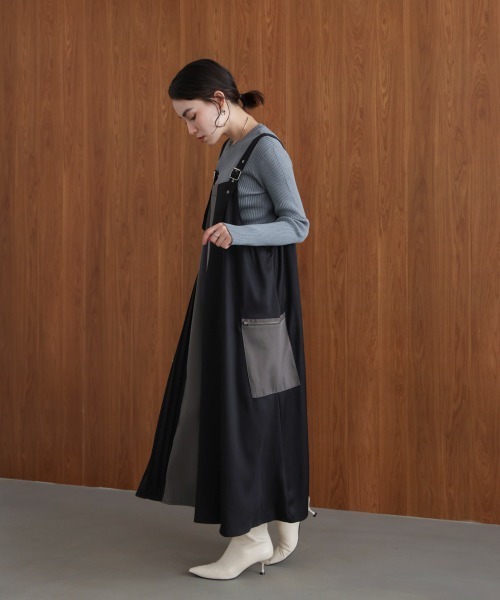 Bou Jeloud（ブージュルード）の「肩ベルトブロッキングジャンスカ（ワンピース・レディース・ブラック/カーキ・38）」の16枚目の写真