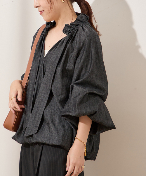 journal standard L'essage（ジャーナルスタンダードレサージュ）の「5OZ デニム リボンブラウス 2（シャツ/ブラウス・レディース・ブラック・FREE）」の9枚目の写真