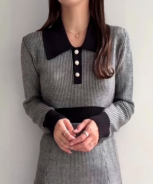 junoah(ジュノア)の「千鳥チェックビジュー釦ニットワンピース(ワンピース・レディース・ブラック/ホワイト/ブラウン・MEDIUM/LARGE)」の7枚目の写真
