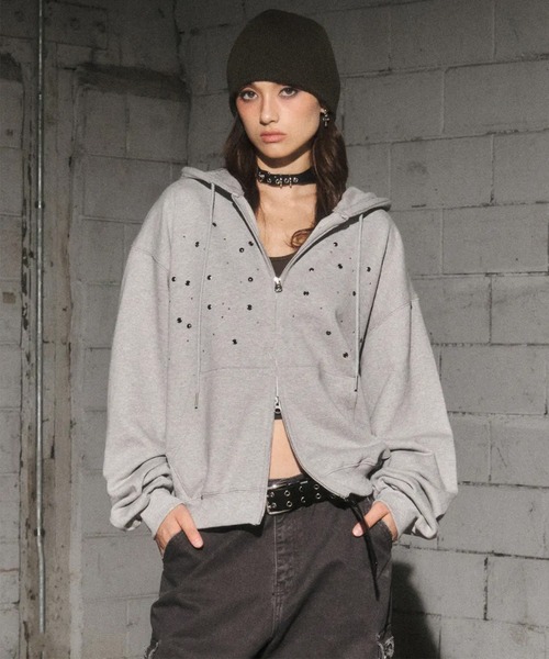 Midnight Move(ミッドナイトムーブ)の「A'GEM/9 × .kom 『MIDNIGHT MOVE/ミッドナイトムーブ』eyelet hood zip up/アイレットフードジップアップ(パーカー・レディース・ブラック/グレー・FREE)」の1枚目の写真