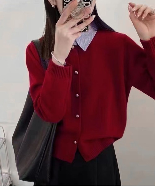 shoppinggo(ショッピングゴー)の「襟付きニット シャツレイヤード 長袖ニットセーター 襟付き レディース ボダン付き グルーネック 秋冬(ニット/セーター・レディース・ブルー/ブラック/イエロー/ワインレッド/ピンク/ホワイト/グレー・FREE)」の7枚目の写真