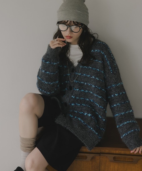 210nouve（トゥージュヌーブ）の「ツイード ボーダー オーバーサイズ ニット カーディガン（カーディガン/ボレロ・レディース・グレー/ブラウン/ホワイト・FREE）」の3枚目の写真