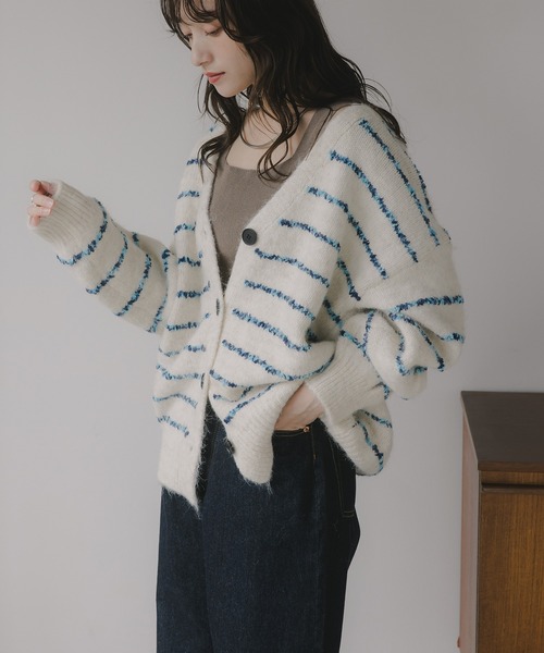 210nouve（トゥージュヌーブ）の「ツイード ボーダー オーバーサイズ ニット カーディガン（カーディガン/ボレロ・レディース・グレー/ブラウン/ホワイト・FREE）」の2枚目の写真