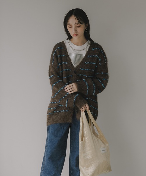 210nouve（トゥージュヌーブ）の「ツイード ボーダー オーバーサイズ ニット カーディガン（カーディガン/ボレロ・レディース・グレー/ブラウン/ホワイト・FREE）」の6枚目の写真