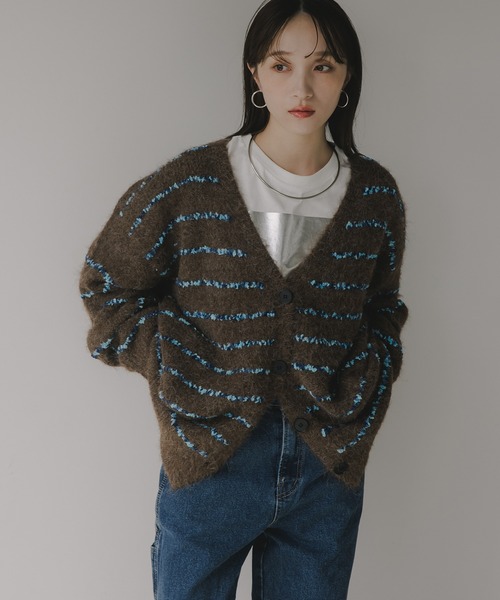 210nouve（トゥージュヌーブ）の「ツイード ボーダー オーバーサイズ ニット カーディガン（カーディガン/ボレロ・レディース・グレー/ブラウン/ホワイト・FREE）」の4枚目の写真