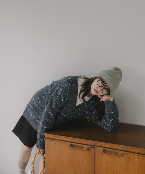 210nouve（トゥージュヌーブ）の「ツイード ボーダー オーバーサイズ ニット カーディガン（カーディガン/ボレロ・レディース・グレー/ブラウン/ホワイト・FREE）」の20枚目の写真