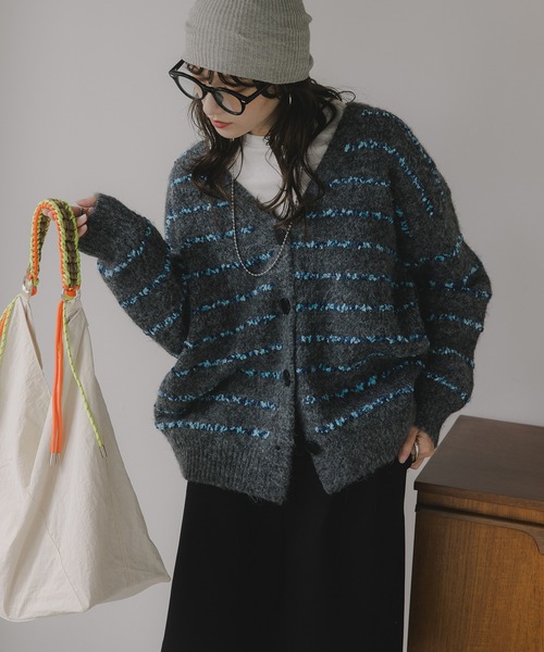 210nouve（トゥージュヌーブ）の「ツイード ボーダー オーバーサイズ ニット カーディガン（カーディガン/ボレロ・レディース・グレー/ブラウン/ホワイト・FREE）」の7枚目の写真