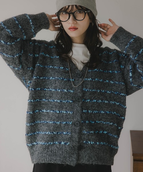 210nouve（トゥージュヌーブ）の「ツイード ボーダー オーバーサイズ ニット カーディガン（カーディガン/ボレロ・レディース・グレー/ブラウン/ホワイト・FREE）」の8枚目の写真