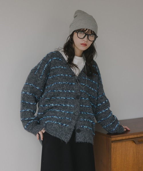 210nouve（トゥージュヌーブ）の「ツイード ボーダー オーバーサイズ ニット カーディガン（カーディガン/ボレロ・レディース・グレー/ブラウン/ホワイト・FREE）」の9枚目の写真