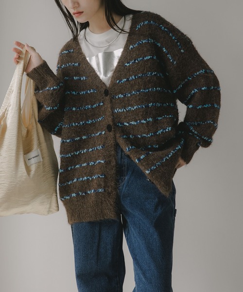 210nouve（トゥージュヌーブ）の「ツイード ボーダー オーバーサイズ ニット カーディガン（カーディガン/ボレロ・レディース・グレー/ブラウン/ホワイト・FREE）」の5枚目の写真