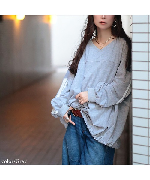 GOLDJAPAN(ゴールドジャパン)の「裾ドロスト配色ラインチュニック【大きいサイズ対応】(チュニック・レディース・ブラック/杢グレー/グリーン・LL~3L/4L~5L)」の13枚目の写真