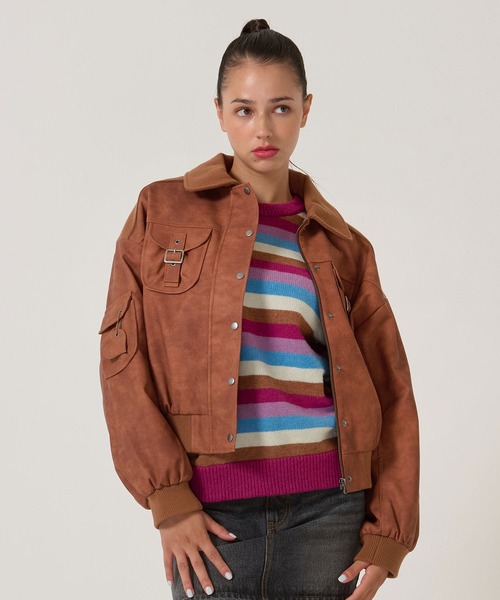 リブ ドッキング フェイクレザーブルゾン TINA：JOJUN（ブルゾン