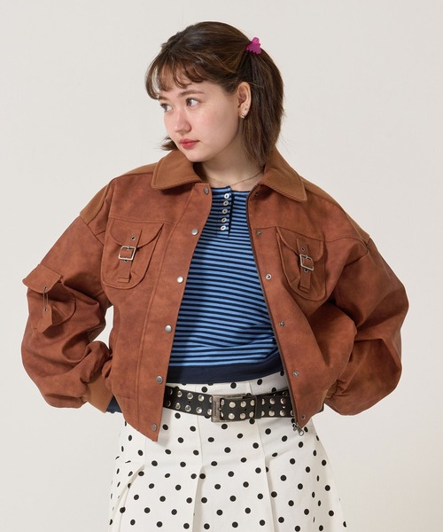 リブ ドッキング フェイクレザーブルゾン TINA：JOJUNブラウン新品未使用 リブ ドッキング フェイクレザーブルゾン TINA：JOJUN（ブルゾン