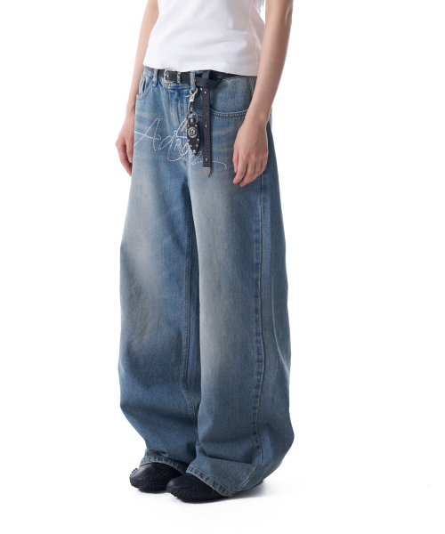 セール】Rhinestone Washed Denim Pants (Blue)（デニムパンツ 