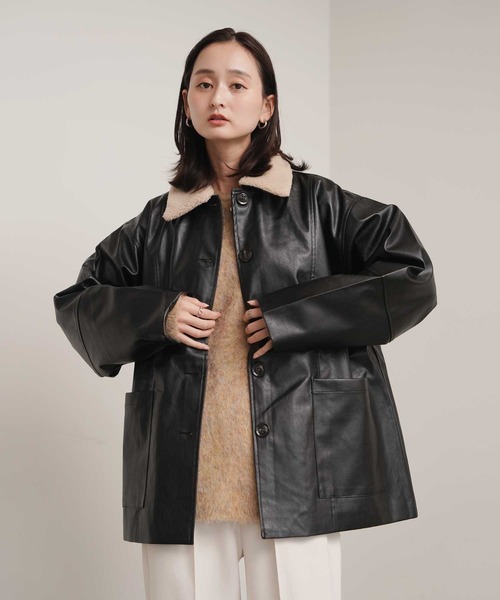 セール】【Bulue.】襟ボア フェイクレザー カバーオールジャケット