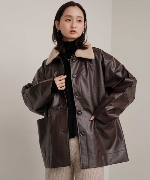 ミースロエ　フェイクレザーカバーオールジャケット　ブラウン MIESROHE（ミースロエ）の「フェイクレザーカバーオールジャケット