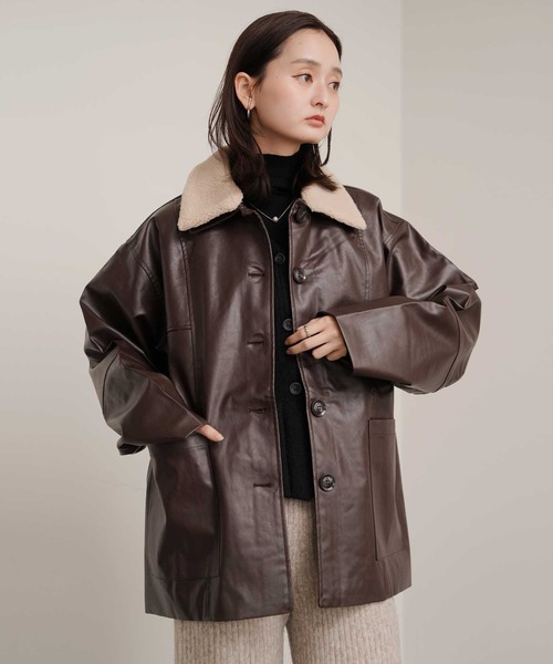 Bulue.】襟ボア フェイクレザー カバーオールジャケット（カバーオール