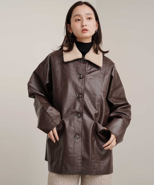 Bulue.】襟ボア フェイクレザー カバーオールジャケット（カバーオール