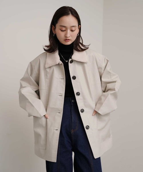 セール】【Bulue.】襟ボア フェイクレザー カバーオールジャケット