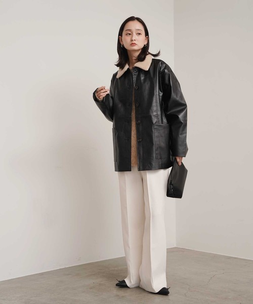 Bulue.】襟ボア フェイクレザー カバーオールジャケット（カバーオール