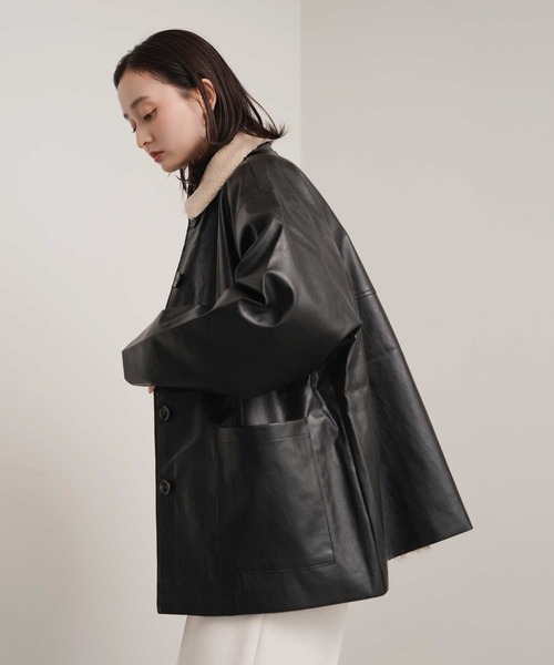 Bulue.】襟ボア フェイクレザー カバーオールジャケット（カバーオール