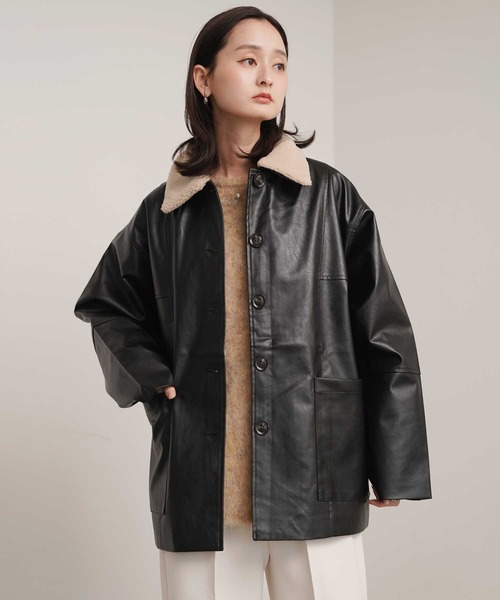 Bulue.】襟ボア フェイクレザー カバーオールジャケット（カバーオール