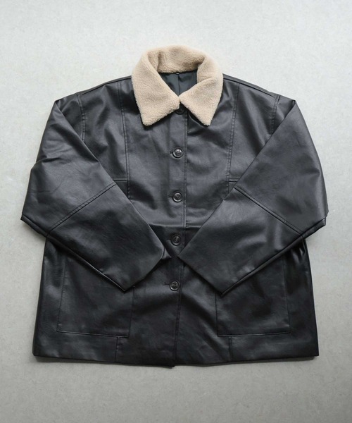 Bulue.】襟ボア フェイクレザー カバーオールジャケット（カバーオール