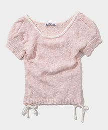 サイドリボンストラップポイントパフ半袖ニットトップ[ピンク]